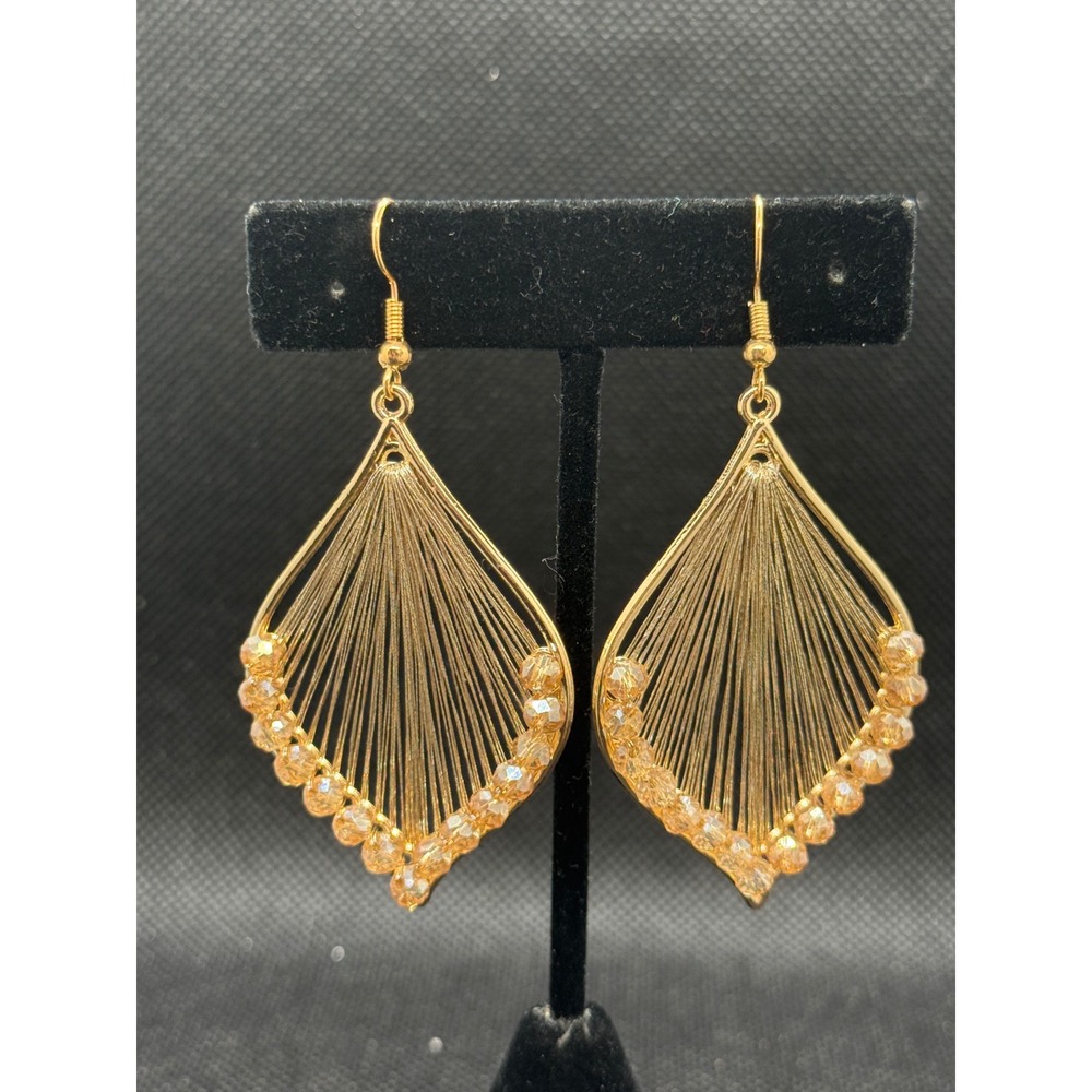 Gold Tone Teardrop Wire Statement Earrings Champagne Beaded Drop Boho